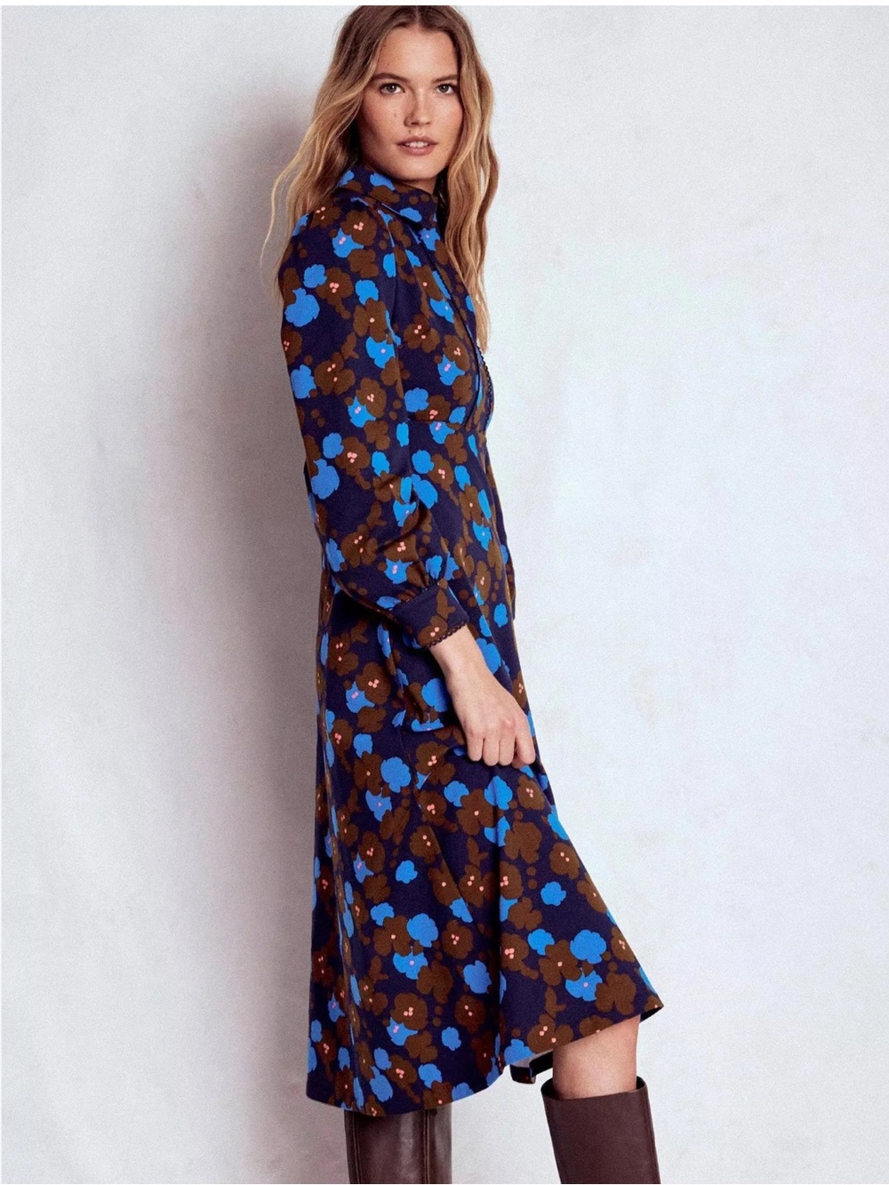 EUC Boden Pip Zip-Up Blue and Brown Floral-Print Ponte Midi Dress - Picture 3 of 11